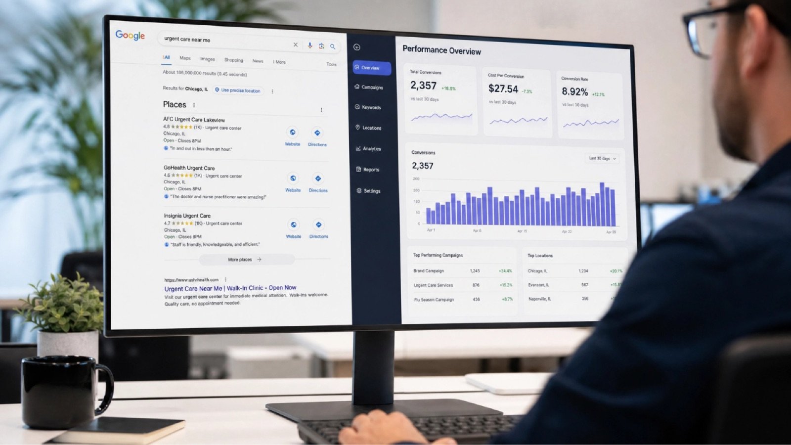 Local search results and a live performance dashboard